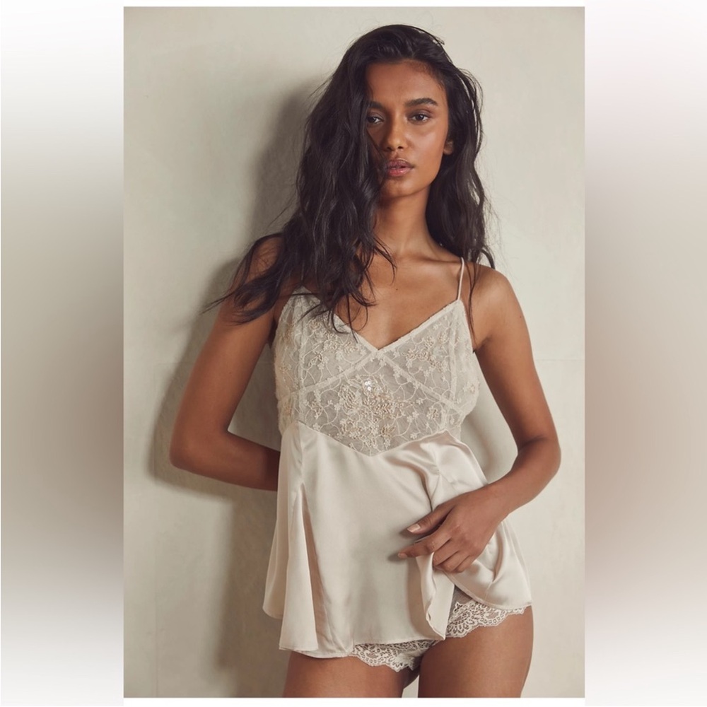 Free People Tank A Moment Champagne Embellished Satin Camisole XS